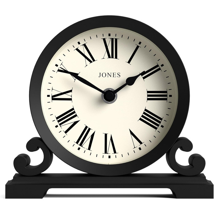 JONES CLOCKS® Saloon Table Clock | Traditional Double-Scroll Design | Black | Roman Numerals | Classic Style for Desk, Table, Shelf, or Nightstand.