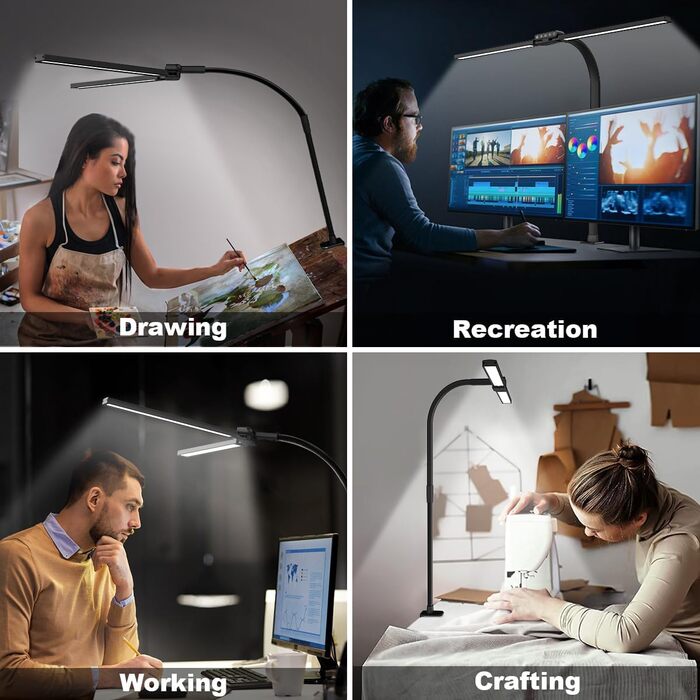 Лампа для столу Hapfish LED з кріпленням, 24W, подвійний настільний світильник, широке та яскраве освітлення, 5 режимів кольору та 5 рівнів регулювання яскравості, лампа денного світла для офісу, дому, дітей, з шийкою-лебедем