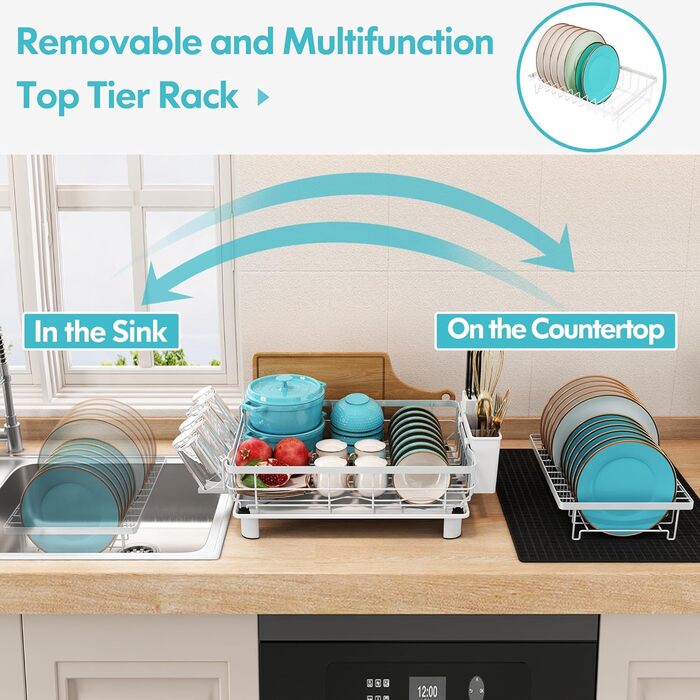 Сушарка для посуду MAJALiS 2-ярусна з піддоном та килимком, з тримачем для кухонного приладдя, чорна, нержавіюча сталь