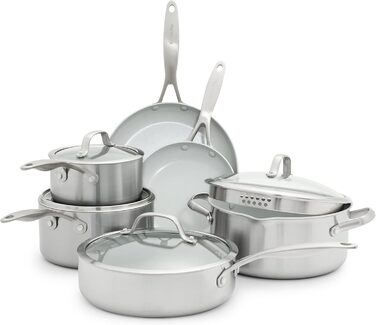 Набір посуду GreenPan Venice Tri-Ply 7 предметів: каструлі та сковорідки з нержавіючої сталі, антипригарне покриття, без PFAS, для індукційних плит, придатний для миття в посудомийній машині та духовці, срібний