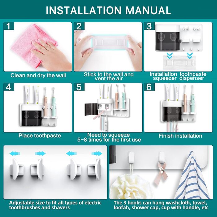 Automatic Toothpaste Dispenser, DENSAIL Toothbrush Holder for Wall Mounting with Dust-Proof Cover and 2 Toothpaste Dispensers, 2 Electric Toothbrush Holders, and 4 Toothbrush Organizer Slots