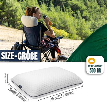 Alkamto Travel Pillow – Camping Pillow – Ergonomic Memory Foam Pillow with Temperature-Regulating Cover – Extra Cotton Cover