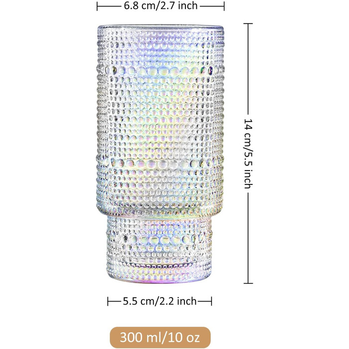 Joeyan 300ml Hobnail Rainbow Water Glasses, Vintage Stackable Colorful Highball Glasses, Pearl Embossed Iridescent Drinking Glasses, Romantic Rainbow Juice Glasses Cocktail Glasses, Set of 4, Dishwasher Safe