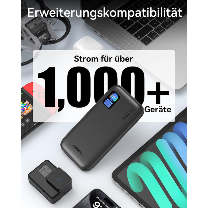 Power Bank AsperX 100W 24000mAh з LED-дисплеєм для ноутбуків, телефонів (iPhone 16/15/14 Pro), MacBook, iPad, Tablet, Steam Deck (сірий)