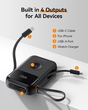 Power Bank Kuulaa для Apple Watch 10000mAh з LCD-дисплеєм та двома кабелями, 22.5W PD, сумісний з iPhone, iPad, Apple Watch 10/9/8/Ultra2/Ultra/SE