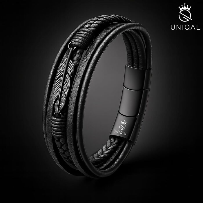 Чоловічий шкіряний браслет UNIQAL 'FEATHER' з нержавіючої сталі та натуральної шкіри, в подарунковій коробці, 23 см