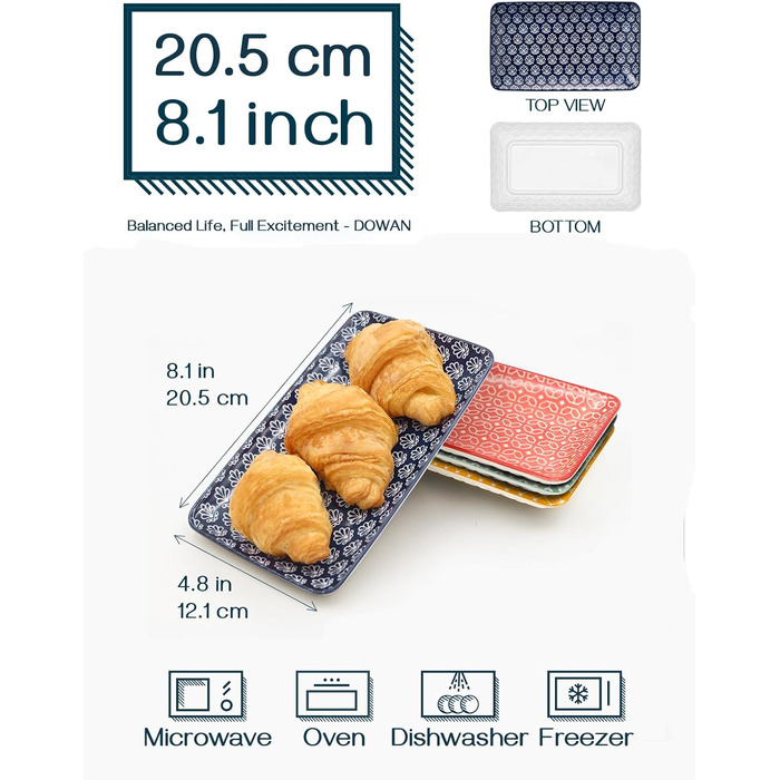 DOWAN Сервірна таця 6-ти місна - Bone China, прямокутна, 20.5 см - для закусок, суші, фруктів, салату, десерту. Можливе використання в мікрохвильовій печі, духовці, миєвій машині. Багатобарвна