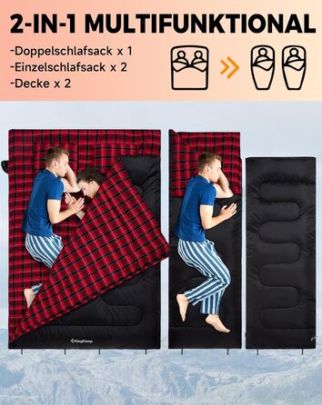 KingCamp 2-Person Winter Sleeping Bag - Warm, Portable, 3-4 Season Camping Sleeping Bag with Flannel Pillows - for Kids & Adults
