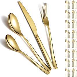 Gold Flatware Set, 48-Piece Service for 12 People, Golden Titanium Stainless Steel Flatware Set, Gold Spoon Fork Knife Set for Home, Wedding, Restaurant, Hotel, Dishwasher-Safe