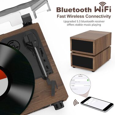 Вініловий програвач Udreamer з Bluetooth 5.3 та динаміками: вінтажний програвач, AUX, RCA, USB, бездротовий зв'язок