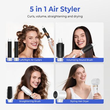 Airstyler 5 в 1: Фен-щітка, плойка, стайлер для об'єму, укладання та випрямлення волосся, 1000W, білий