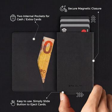 Гаманець чоловічий RFID Stealth Wallet з алюмінієвим каркасом та шкірою (чорний) - захист від сканування карт, мінімалістичний, з подарунковою коробкою