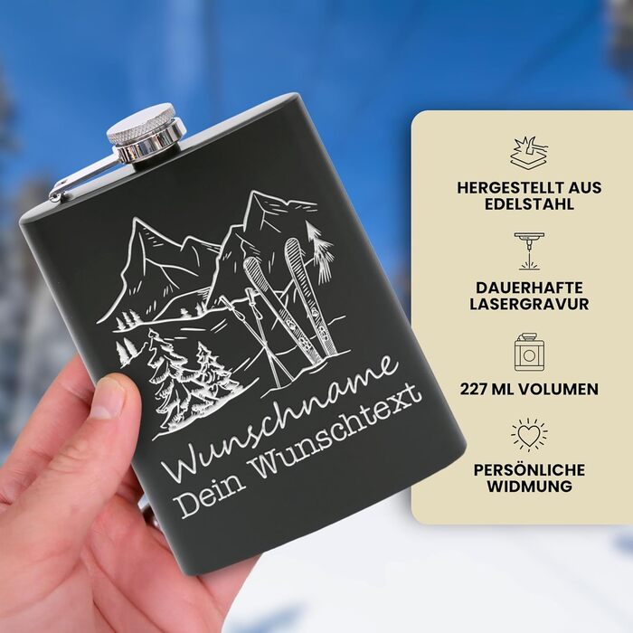 Фляга з нержавіючої сталі Flanacom з гравіюванням, 227мл / 8oz, для сноубордистів та любителів зимових видів спорту. Персоналізована фляга з індивідуальним гравіюванням (дизайн 1, чорний).
