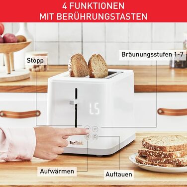 Tefal TT6931 Sense Toaster | 7 Browning Levels | Digital Display | Countdown Timer | Reheat/Defrost | Crumb Tray | Stop Button | White Single