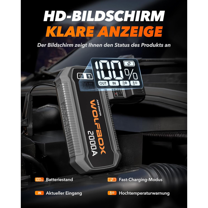 Powerbank WOLFBOX для запуску авто: 2000A, 12V, для бензину/дизеля (10L), LED-ліхтар, великий екран, кабель, бустер для SUV, вантажівок, мотоциклів