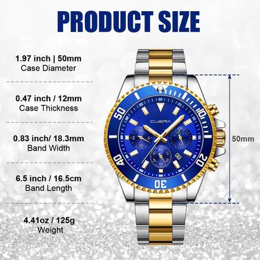 Годинник чоловічий OFF-CUP з датою, кварцовий хронограф, водостійкий, сталевий браслет, класичний стиль, бізнес-годинник (Золотий, Синій)