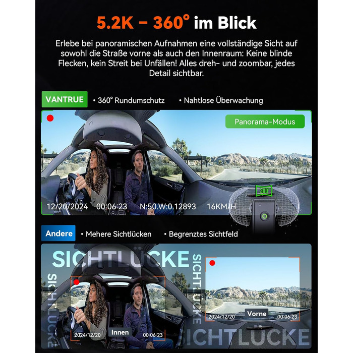 Панорамний відеореєстратор VANTRUE E360 5.2K Dual STARVIS 2 HDR 360°, сенсорний екран 1.54
