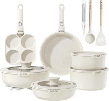 Набір посуду YASHE 20 предметів з антипригарним покриттям, знімні ручки, для індукційних плит, до 230°C, для мийки, можна складати, ідеальний для сімей (Білий)