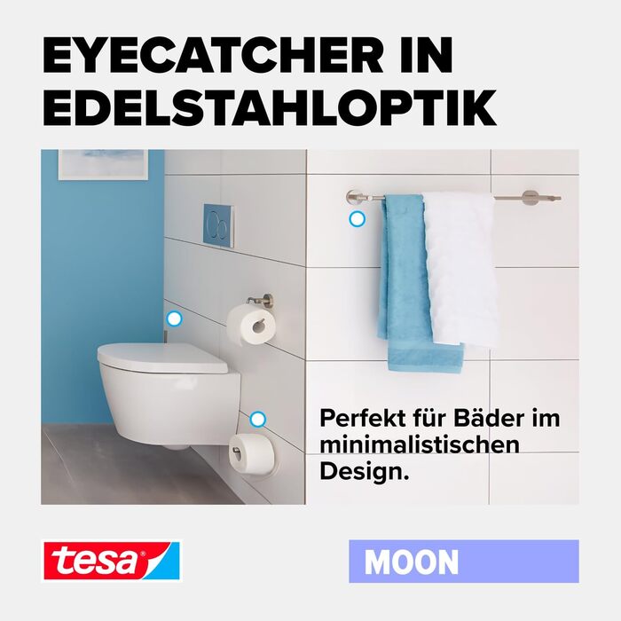 tesa Moon Toilet Paper Holder with Cover, Chrome - Wall-Mountable Toilet Roll Holder without Drilling, Includes Adhesive Solution - 53 mm x 140 mm x 128 mm