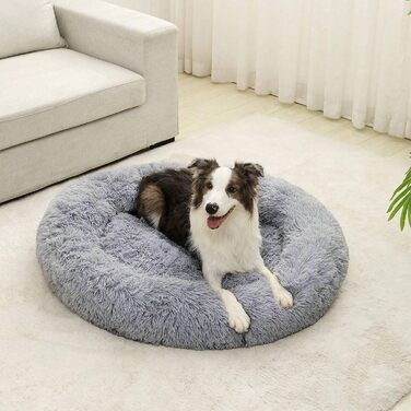 М'яке ліжко для собак великих порід та котів - кругле шорстке ліжко з високими бортиками - антиковзаюче дно - силіконова наповнювач - комфортне місце для сну - 90 см - зручне та довговічне - сірий колір