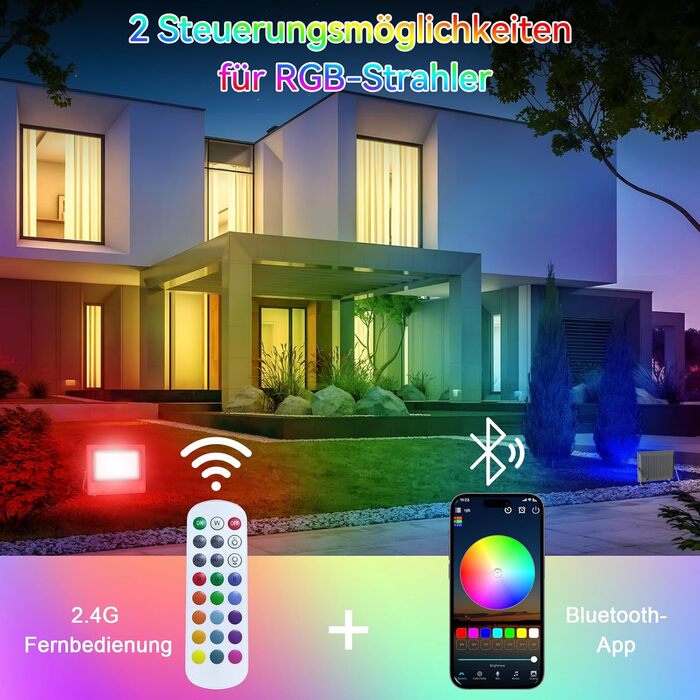 Комплект з 2 RGB LED прожекторів 30 Вт для вулиці, 16 млн кольорів, Bluetooth APP, пульт 2.4G, IP66, регульована яскравість, водостійкі, для саду, Хелловіну, Різдва та вечірок