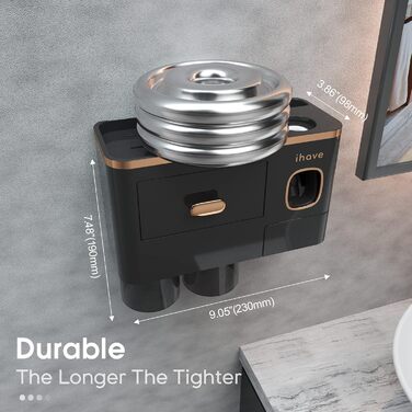 IHave Toothbrush Holder Wall Mounted, Bathroom Toothbrush Holder with Toothpaste Dispenser, 3 Cup Toothbrush Holder with Drawer, Large Capacity Toothbrush Organizer Bathroom (2 Cups, Black Gold)
