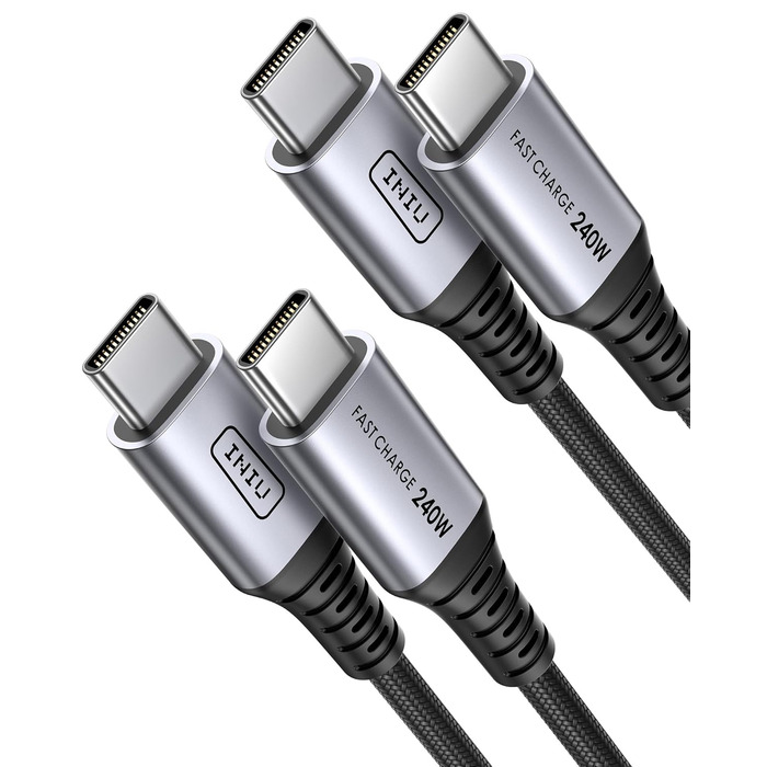 Кабель USB-C 240W, 2 шт. (2м+2м), нейлон, чорний, для iPhone, Samsung, Pixel, iPad, MacBook