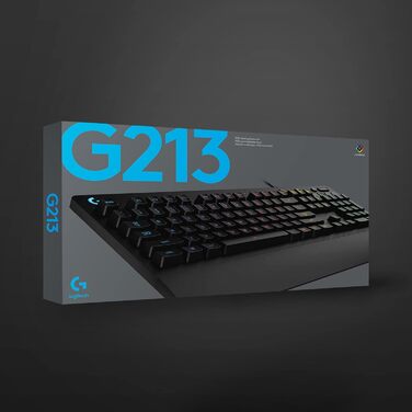 Ігрова клавіатура Logitech G213 Prodigy з RGB-підсвічуванням, програмовані клавіші G, мультимедійне керування, підставка для зап'ястя, захист від бризок, німецьке QWERTZ-розташування клавіш – чорний колір, німецька версія