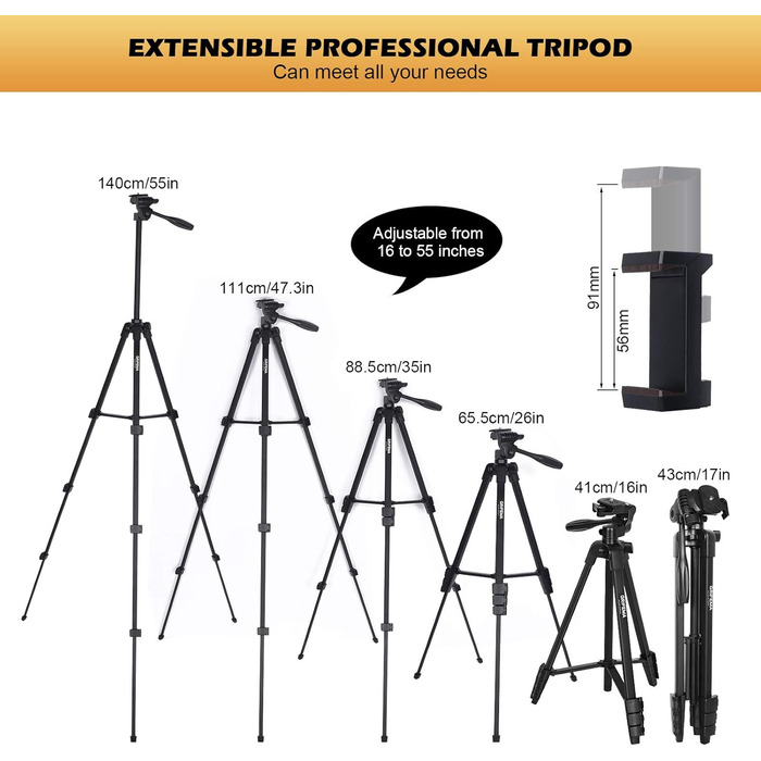 Штатив для камери та телефону GRIFEMA, 140 см, алюміній, з Bluetooth-пультом, регульований, сумісний з iPhone, Android, DSLR
