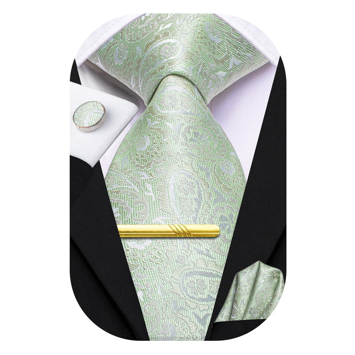 Комплект краватки та нагрудного хустинки Hi-Tie золотого кольору з манжетонами, офіційний шовковий гобелен, для весілля та свят, світло-зелений візерунок пейслі