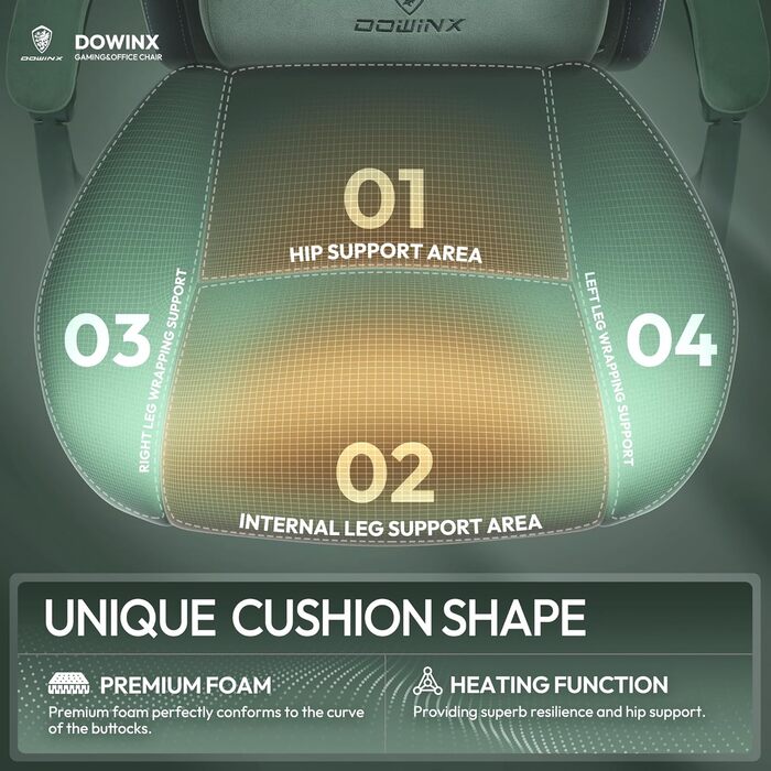 Ігровий крісло Dowinx з підігрівом та масажем попереку, з кишенею, подушкою та підніжкою, 150 кг, зелений