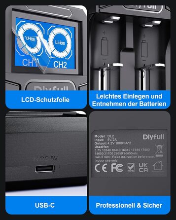 Зарядний пристрій Dlyfull 18650 Universal LCD для Li-ion акумуляторів 3.7V (18650, 21700, 26650, 22650, 16340), USB-C, 2 слоти