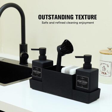 Dish Soap and Hand Soap Dispenser Kitchen Set with Sponge Holder and Brush, Dish Soap Dispenser Kitchen Black, Soap and Dish Soap Dispenser Set Kitchen Gadget Sink Organizer with Soap Dispenser (Black, 4 in 1)
