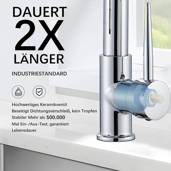 Кухонний змішувач з гнучким виливом, 360° поворот, 2 виходи, високий вилив, душова лійка, для мийки, брашований нікель