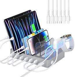 Зарядна станція SooPii USB, 6 портів 50W, з кабелями та тримачем для iWatch, біла (срібло)