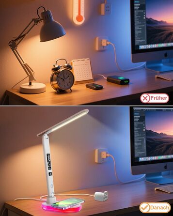 Настільна лампа CCHKFEI з регулюванням, годинником, LED-дисплеєм, бездротовим зарядним пристроєм 10W та USB-портом, 3 режими кольору, датчиком температури та RGB-підсвічуванням для читання, дому та офісу