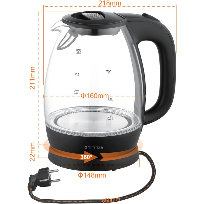 Електричний чайник GRIFEMA 0.8L, 1100W з фільтром від накипу, без BPA, автоматичне вимкнення, захист від перегріву, білий (скло 1.7L)