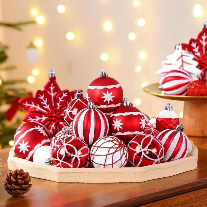 Набір прикрас для ялинки Shareconn: 106 кульок у 24 кольорах, безпечні, для ялинки, святкування, весілля (рубіново-червоний та білий)
