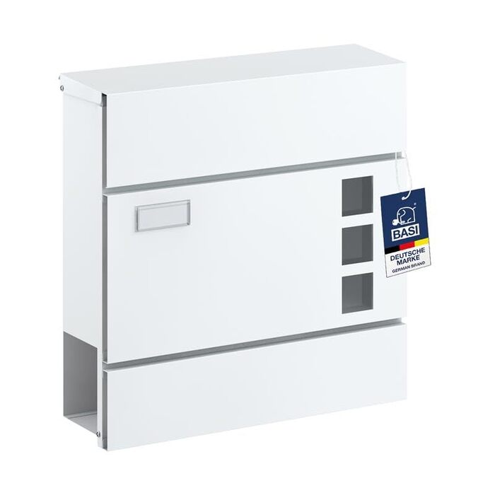 Поштова скринька BASI з м'яким закриттям, вікном для листівок та табличкою для імені | DIN A4 | 2 ключі | вбудований відсік для газет | Біла настінна поштова скринька