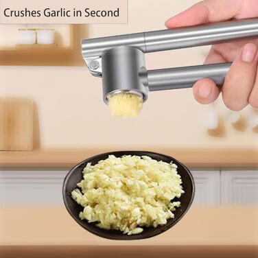 Прес для часнику з нержавіючої сталі, кухонний аксесуар, 18 см, подрібнювач часнику з очищувачем та щіткою, придатний для миття в посудомийній машині, срібний