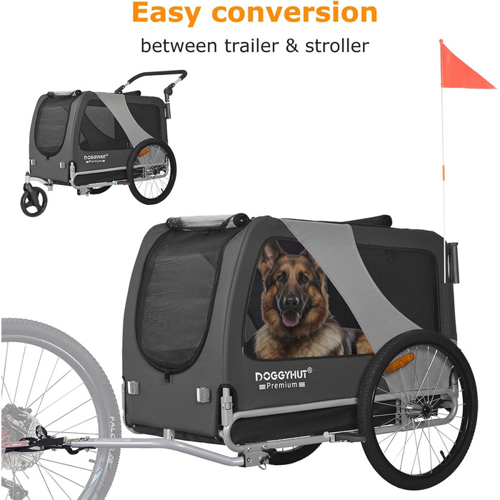 DOGGYHUT® Преміум XL 2в1 велопричіп та візок для собак 23-45 кг, сірої