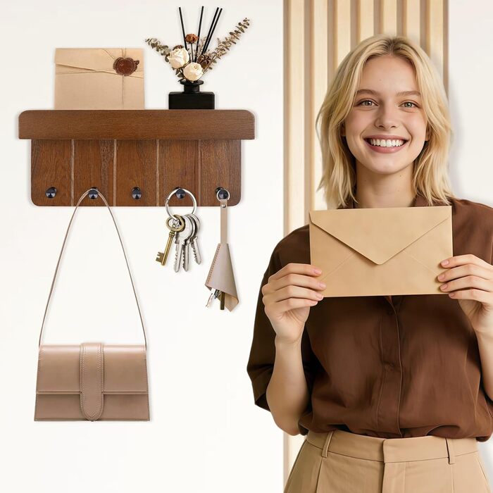 Дерев'яне ключниця з поличкою, ключниця на стіну з 5 гачками, декоративне настінне кріплення для ключів, підходить для прихожей, коридору, кухні, спальні (Темно-коричневий)