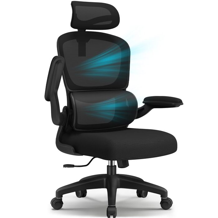 Ергономічне крісло для офісу з регульованою підголовником, поперековою підтримкою та відкидними підлокітниками, крісло для начальника, 150 кг, чорний колір, модель 2