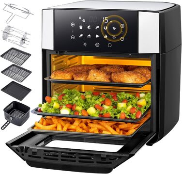 Фритюрниця повітряна 15л, мультифурна з конвекцією 1800W, 10 в 1, з нержавіючої сталі, чорно-срібна