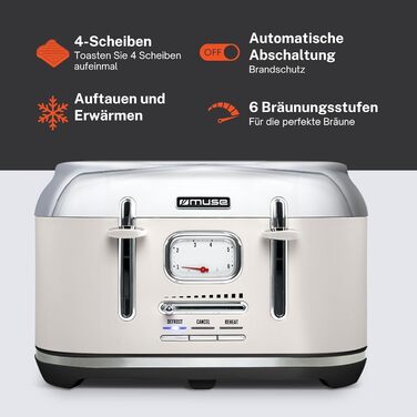 Тостер Muse MS-131 BC Beige: 4-х місний, з регулюванням ступеня підсмажування, ретро-дизайн, з підсвічуванням та крихкозбирачем