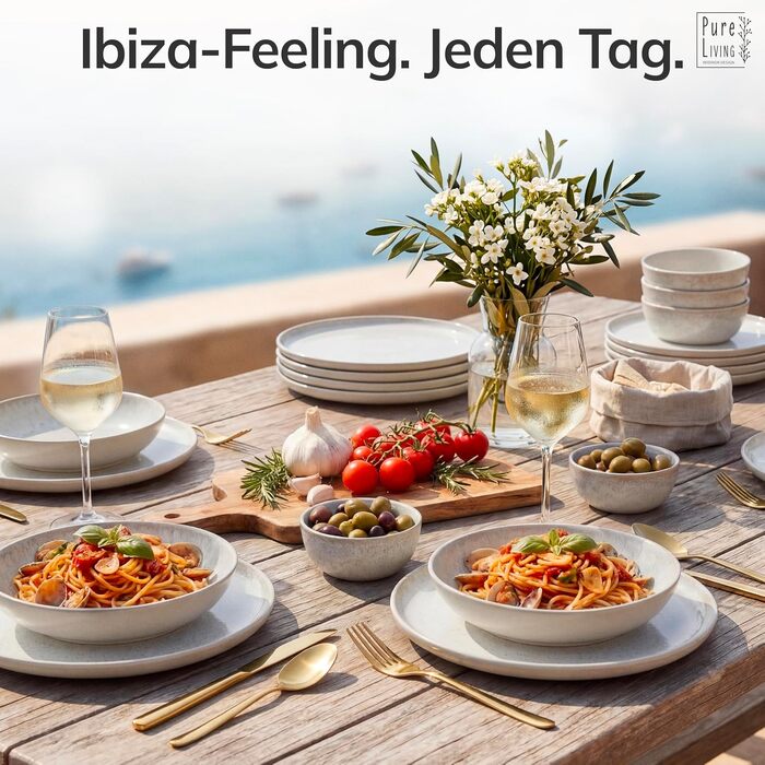 Посуд Steingut Ibiza 36 предметів на 12 осіб - Керамічний набір тарілок та мисок бежевого кольору Pure Living - Переможець тесту!