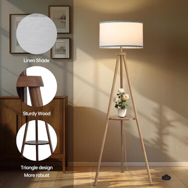 Стельова лампа на тренозі з полицею, з пульт керування, 3 колірні температури, для вітальні, спальні, офісу, бежевий абажур, стиль бері, декор