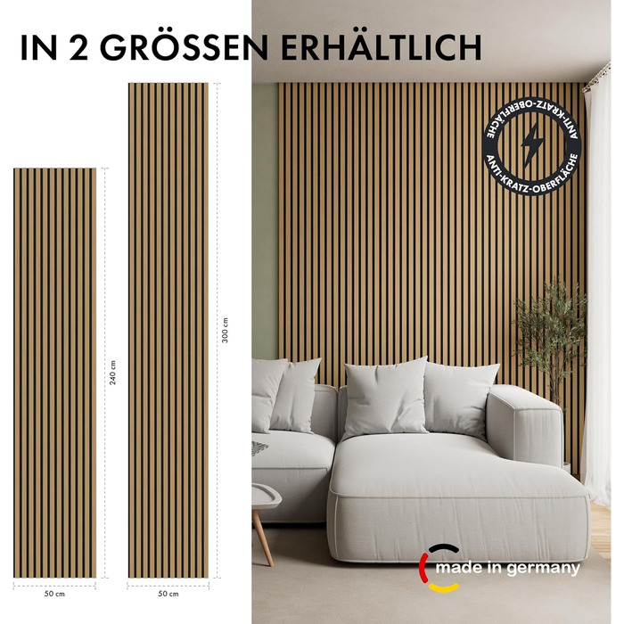 Акустичні настінні панелі Momento з натурального дуба 240x50 см (5 шт), ламелі для шумоізоляції, колір дуб натуральний, чорний фетр, Made in Germany