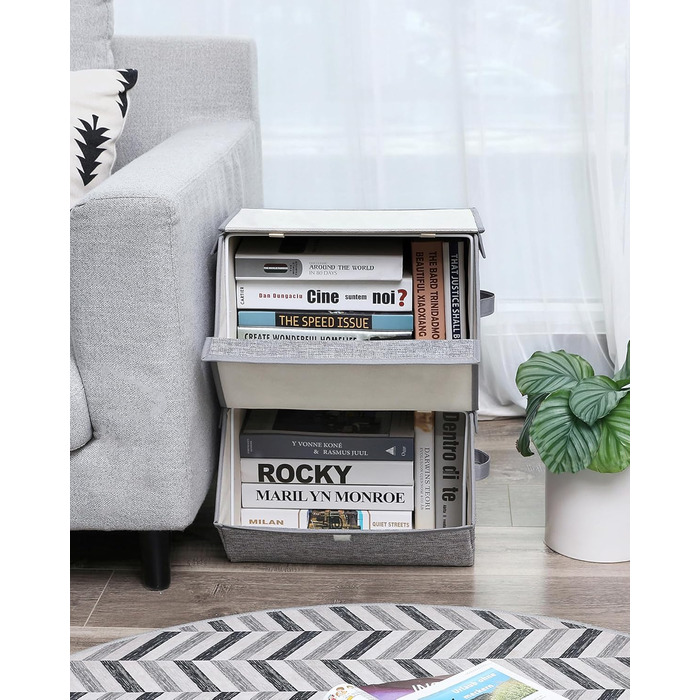 SONGMICS Storage Box, 2-Piece Set, Folding Box, Stackable Fabric Box with Magnetic Flip Lid, Metal Frame, 38 x 26.5/35 x 25, Grey-Beige RLB02GY