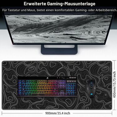 Ігровий килимок для миші Abetcabe Gaming XXL, підкладка на стіл 900 x 400 мм, чорний, з топографічним принтом